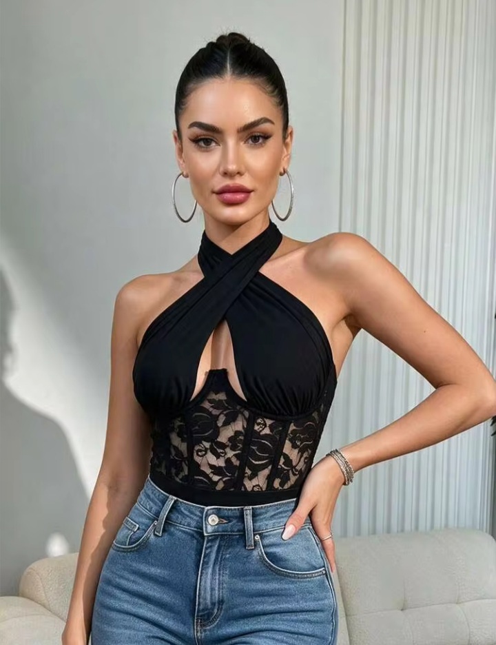 Women’s Black Lace Halter Neck Bodysuit – Stylish High-Cut Fashion Bodysuit